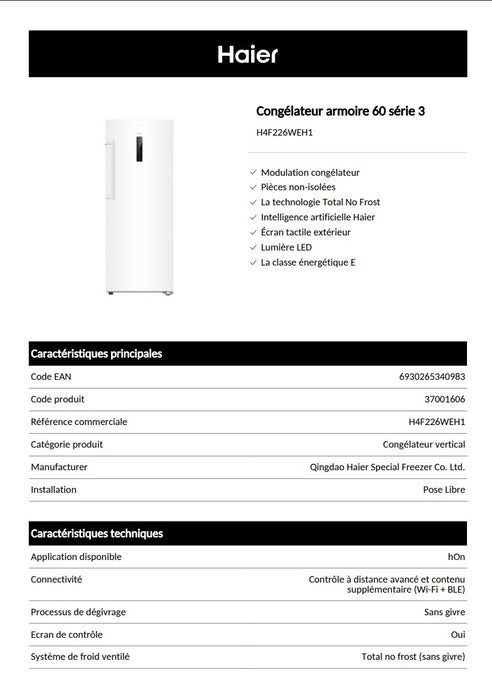 CONGÉLATEUR ARMOIRE HAIER H4F226WEH1