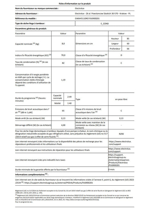 SECHE LINGE POMPE A CHALEUR ELECTROLUX EW6HI5110RO
