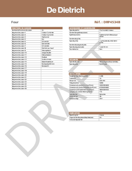 FOUR ENCASTRABLE PYROLYSE DE DIETRICH DRP4534B