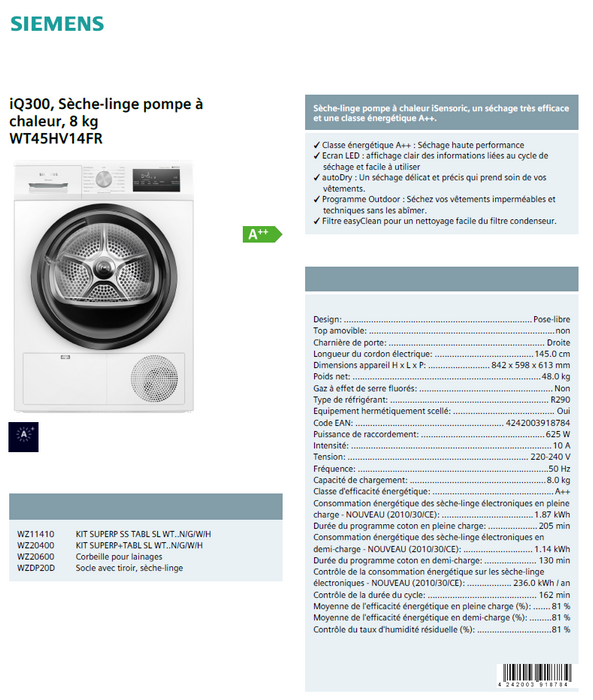 SECHE LINGE SIEMENS WT45HV14FR